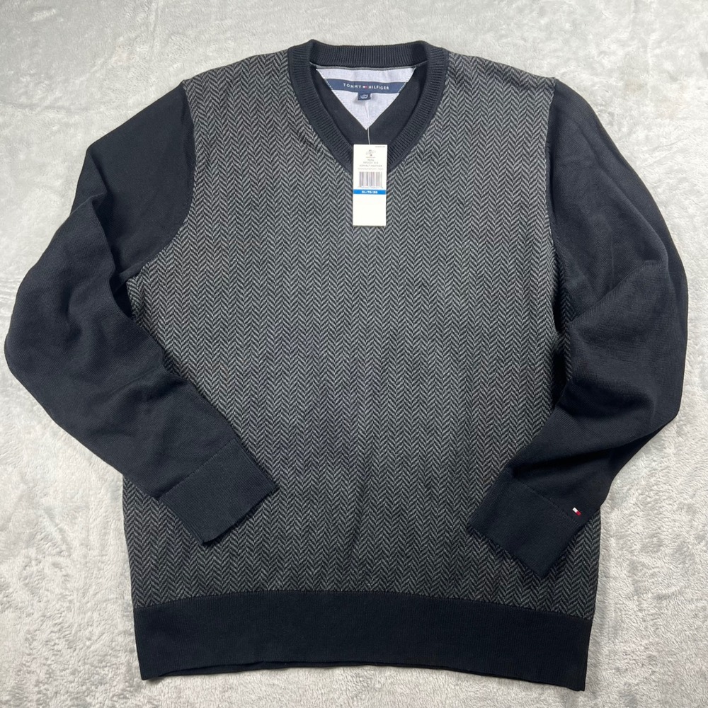 Tommy Hilfiger‎ Mens XL V-Neck Herringbone Cotton Sweater Black Gray 0951223 NWT